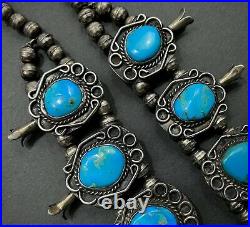 HUGE Authentic Vintage Navajo Sterling Silver Turquoise Squash Blossom Necklace