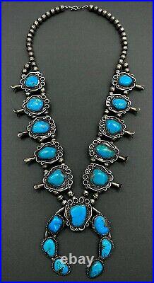 HUGE Authentic Vintage Navajo Sterling Silver Turquoise Squash Blossom Necklace