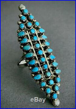 HUGE LONG Vintage Zuni Native American Sterling Silver Turquoise Cluster Ring