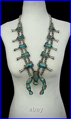 HUGE OLD Vintage Navajo Silver Royston Turquoise Squash Blossom Necklace 242grms