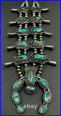 HUGE OLD Vintage Navajo Silver Royston Turquoise Squash Blossom Necklace 242grms