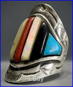 HUGE OLD Vintage Navajo Sterling Silver Turquoise Multi Stone Inlay Saddle Ring