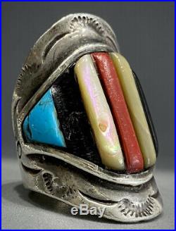 HUGE OLD Vintage Navajo Sterling Silver Turquoise Multi Stone Inlay Saddle Ring