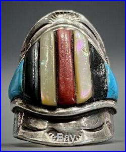 HUGE OLD Vintage Navajo Sterling Silver Turquoise Multi Stone Inlay Saddle Ring