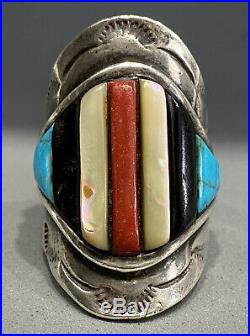 HUGE OLD Vintage Navajo Sterling Silver Turquoise Multi Stone Inlay Saddle Ring