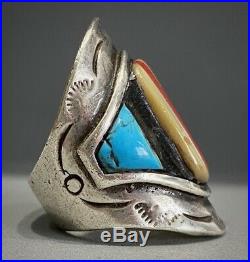 HUGE OLD Vintage Navajo Sterling Silver Turquoise Multi Stone Inlay Saddle Ring