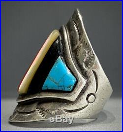 HUGE OLD Vintage Navajo Sterling Silver Turquoise Multi Stone Inlay Saddle Ring