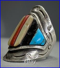 HUGE OLD Vintage Navajo Sterling Silver Turquoise Multi Stone Inlay Saddle Ring