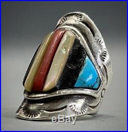 HUGE OLD Vintage Navajo Sterling Silver Turquoise Multi Stone Inlay Saddle Ring