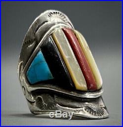 HUGE OLD Vintage Navajo Sterling Silver Turquoise Multi Stone Inlay Saddle Ring