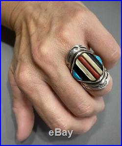 HUGE OLD Vintage Navajo Sterling Silver Turquoise Multi Stone Inlay Saddle Ring