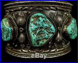 HUGE! Old Pawn Vintage Navajo Natural TURQUOISE Sterling SIGNED CUFF Bracelet