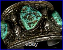 HUGE! Old Pawn Vintage Navajo Natural TURQUOISE Sterling SIGNED CUFF Bracelet