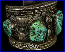 HUGE! Old Pawn Vintage Navajo Natural TURQUOISE Sterling SIGNED CUFF Bracelet