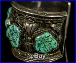 HUGE! Old Pawn Vintage Navajo Natural TURQUOISE Sterling SIGNED CUFF Bracelet