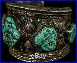 HUGE! Old Pawn Vintage Navajo Natural TURQUOISE Sterling SIGNED CUFF Bracelet