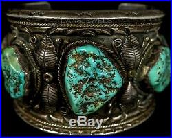 HUGE! Old Pawn Vintage Navajo Natural TURQUOISE Sterling SIGNED CUFF Bracelet