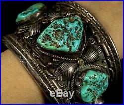 HUGE! Old Pawn Vintage Navajo Natural TURQUOISE Sterling SIGNED CUFF Bracelet