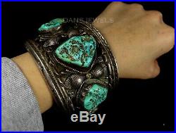 HUGE! Old Pawn Vintage Navajo Natural TURQUOISE Sterling SIGNED CUFF Bracelet