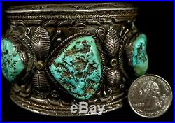 HUGE! Old Pawn Vintage Navajo Natural TURQUOISE Sterling SIGNED CUFF Bracelet