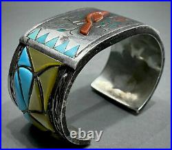 HUGE RARE Vintage Navajo Sterling Silver Multi Stone Inlay Cuff Bracelet
