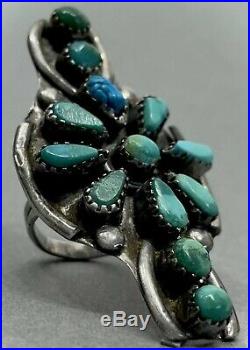 HUGE Vintage 40s Long Navajo Sterling Silver Turquoise Cluster Ring Unique