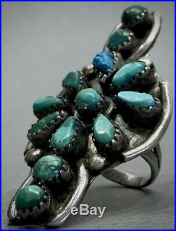 HUGE Vintage 40s Long Navajo Sterling Silver Turquoise Cluster Ring Unique