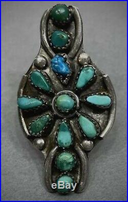 HUGE Vintage 40s Long Navajo Sterling Silver Turquoise Cluster Ring Unique