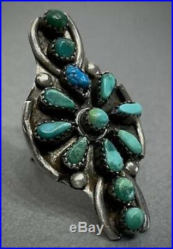 HUGE Vintage 40s Long Navajo Sterling Silver Turquoise Cluster Ring Unique