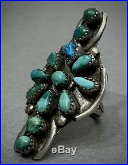 HUGE Vintage 40s Long Navajo Sterling Silver Turquoise Cluster Ring Unique