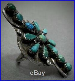 HUGE Vintage 40s Long Navajo Sterling Silver Turquoise Cluster Ring Unique