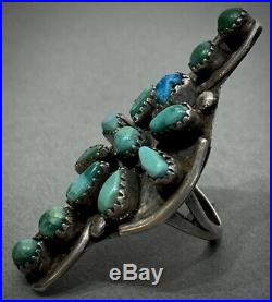 HUGE Vintage 40s Long Navajo Sterling Silver Turquoise Cluster Ring Unique