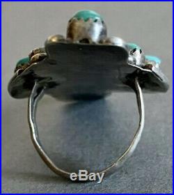 HUGE Vintage 40s Long Navajo Sterling Silver Turquoise Cluster Ring Unique