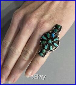 HUGE Vintage 40s Long Navajo Sterling Silver Turquoise Cluster Ring Unique