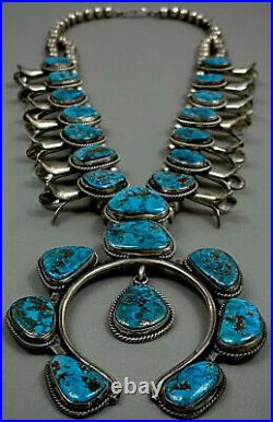 HUGE Vintage Navajo Sterling Gem Morenci Turquoise Squash Blossom Necklace 254Gr