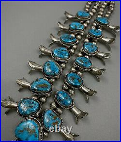 HUGE Vintage Navajo Sterling Gem Morenci Turquoise Squash Blossom Necklace 254Gr