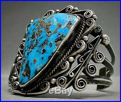 HUGE Vintage Navajo Sterling Silver Kingman Turquoise Cuff Bracelet 100 Grams