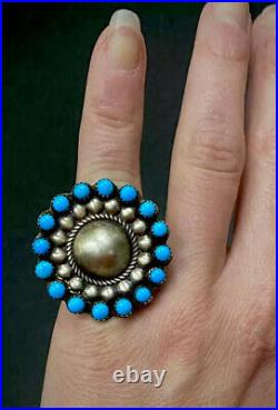 HUGE Vintage Navajo Sterling Silver Sleeping Beauty Turquoise Cluster Dome Ring