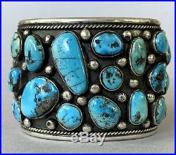HUGE Vintage Navajo Sterling Silver Turquoise Cluster Cuff Bracelet 139Grams WOW