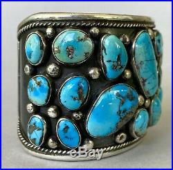 HUGE Vintage Navajo Sterling Silver Turquoise Cluster Cuff Bracelet 139Grams WOW