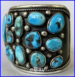 HUGE Vintage Navajo Sterling Silver Turquoise Cluster Cuff Bracelet 139Grams WOW
