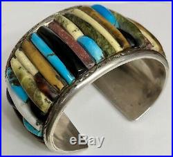 HUGE Vintage Navajo Sterling Silver Turquoise Multi Stone Cornrow Cuff Bracelet