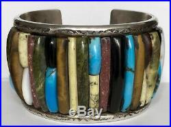 HUGE Vintage Navajo Sterling Silver Turquoise Multi Stone Cornrow Cuff Bracelet