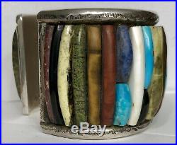 HUGE Vintage Navajo Sterling Silver Turquoise Multi Stone Cornrow Cuff Bracelet