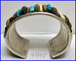 HUGE Vintage Navajo Sterling Silver Turquoise Multi Stone Cornrow Cuff Bracelet