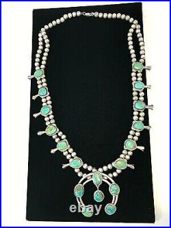 HUGE Vintage Navajo Turquoise Squash Blossom Necklace Sterling Silver 182gr 28L