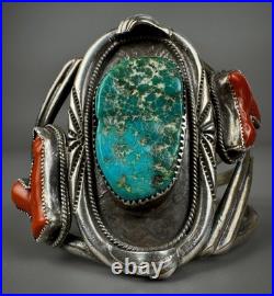 HUGE Vintage OLD Navajo Sterling Silver Turquoise & Coral Branch Cuff Bracelet