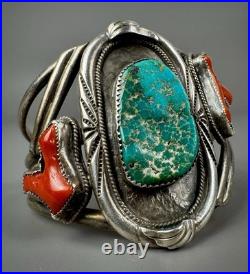 HUGE Vintage OLD Navajo Sterling Silver Turquoise & Coral Branch Cuff Bracelet
