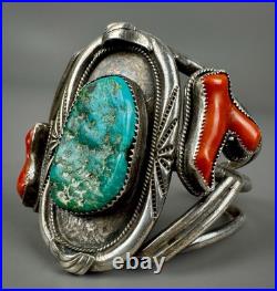 HUGE Vintage OLD Navajo Sterling Silver Turquoise & Coral Branch Cuff Bracelet