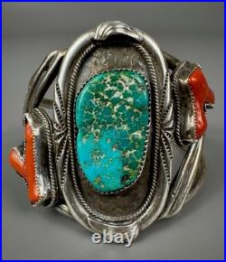HUGE Vintage OLD Navajo Sterling Silver Turquoise & Coral Branch Cuff Bracelet